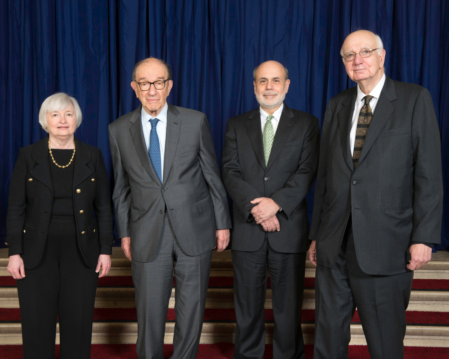 Janet Yellen i jej poprzednicy na stanowisku szefa Rezerwy Federalnej (od lewej): Alan Greenspan, Ben Bernanke, Paul Volcker.