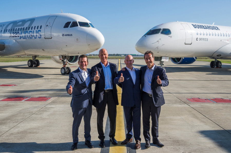 Przedstawiciele Airbusa i Bombardiera ogłaszają współpracę obu firm.